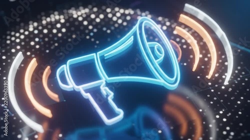 Smartphone displaying futuristic glowing digital megaphone interface animation