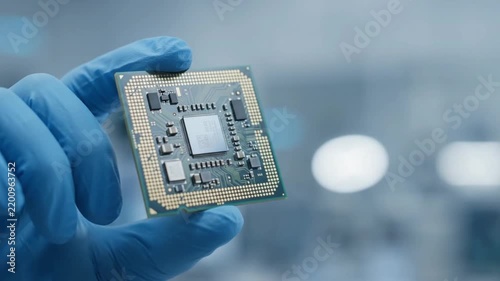 Technician holding microchip in cleanroom