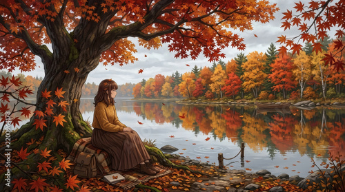 Anime girl sitting under a maple tree by a lake during autumn season
