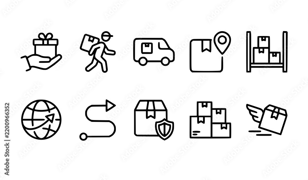 Obraz premium Logistics and Delivery Service Icon Set with Packages, Trucks, Shipping, Tracking, Warehouse, Location and Protection Symbols