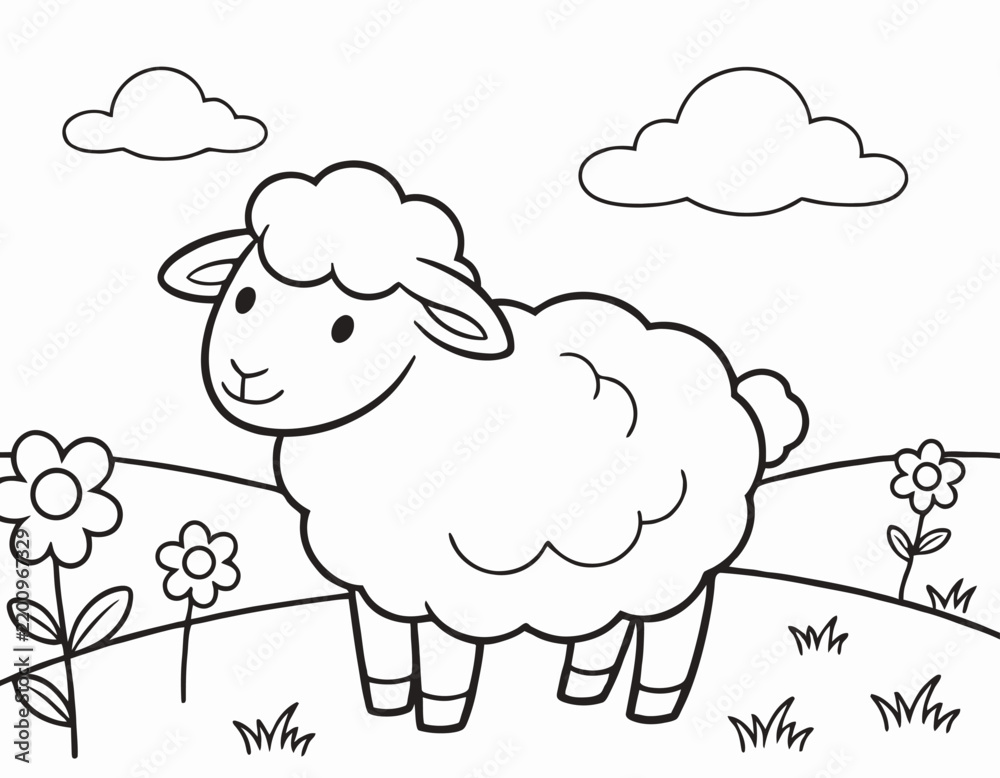 Obraz premium Fluffy sheep in flower meadow coloring page