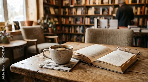 Cozy bookstore cafe with open book and coffee on wooden table