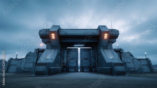 Futuristic concrete gate structure with glowing orange lights under a cloudy sky