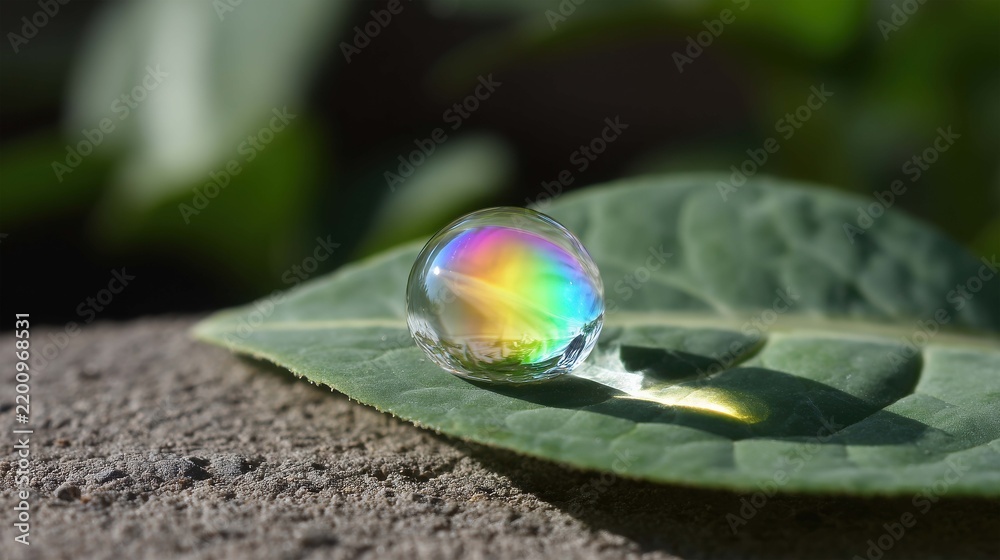 Obraz premium A water droplet on a green leaf reflecting a rainbow. The droplet is perfectly round, and the rainbow colors are vibrant and clear