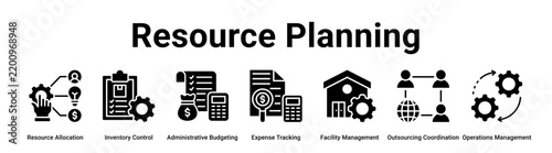 Resource Planning web banner icon vector illustration concept for business with icon of Resource Allocation, Inventory Control, Administrative Budgeting, Expense Tracking, Facility Management,.
