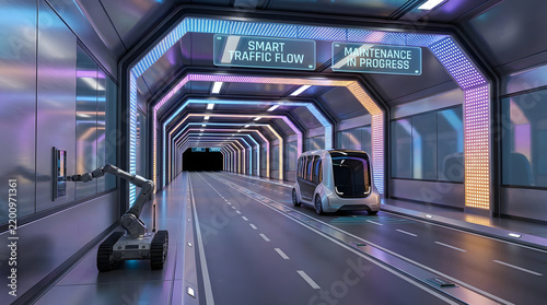  Futuristic Smart Tunnel With Self Driving Car And Maintenance Robot Near Glowing Neon Light Arches 