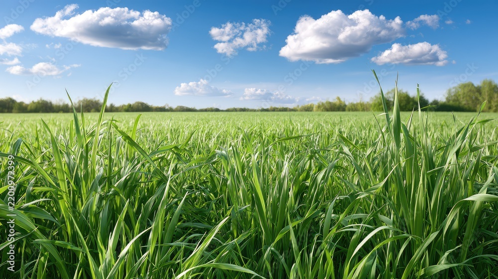 Fototapeta premium Lush Green Grass Field Under Bright Blue Sky with White Clouds and Natural Scenic Landscape