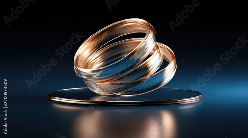 Elegant and Artistic Swirling Rings on a Reflective Surface with Soft Blue Lighting