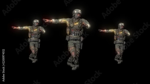 Dancing Futuristic Soldier on Black Background