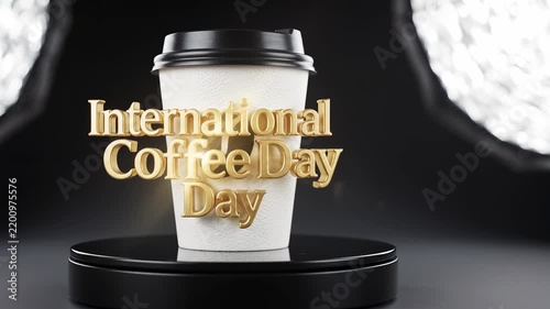 Golden 'International Coffee Day' text in front of a white disposable coffee cup on a black display stand with a dark background.