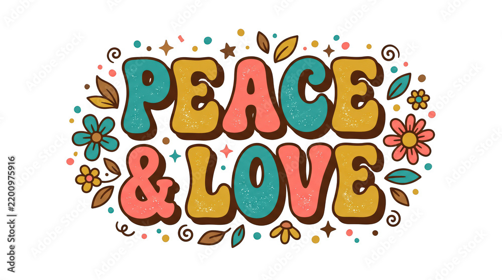 Fototapeta premium Peace and love retro typography with flowers and groovy lettering