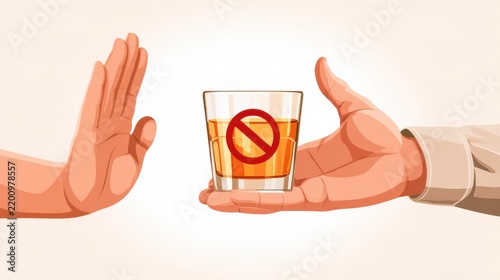 A person refusing a glass of alcoholic drink, symbolizing saying no to alcohol or promoting sobriety.