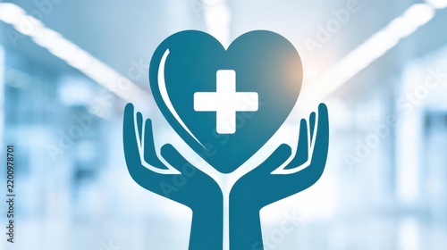 Hands hold a heart with a medical cross, symbolizing healthcare, support, and medical care in a bright, blurred background.