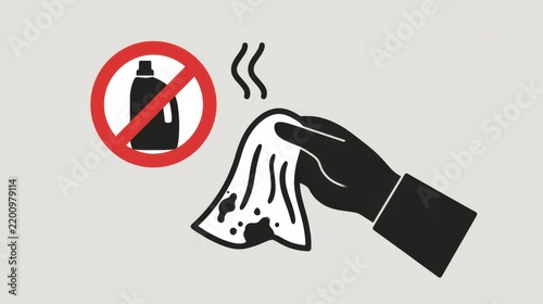 A hand holding a dirty cloth with a prohibition sign over a detergent bottle, symbolizing avoidance of chemical cleaners.