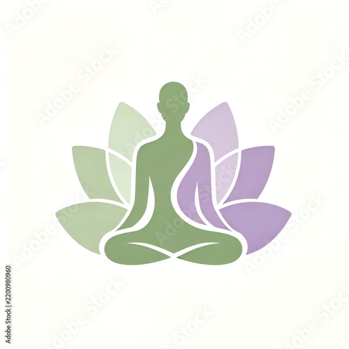Green silhouette in lotus pose with lotus flower backdrop, symbolizing meditation, mindfulness, and inner peace