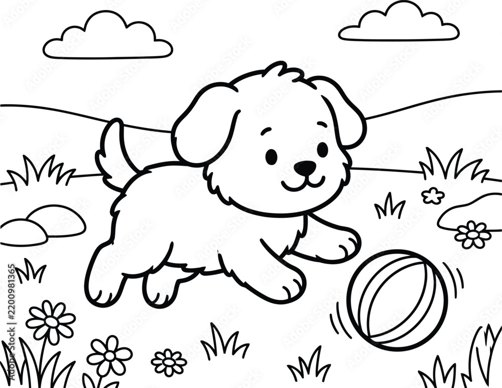 Obraz premium Cute cartoon puppy playing with a ball in a park coloring page for kids