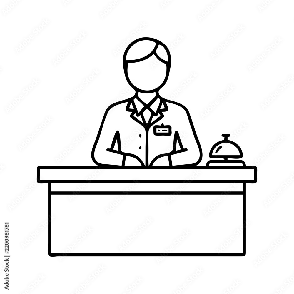 Fototapeta premium Hotel Receptionist Line Icon with Front Desk Service Bell and Name Badge 