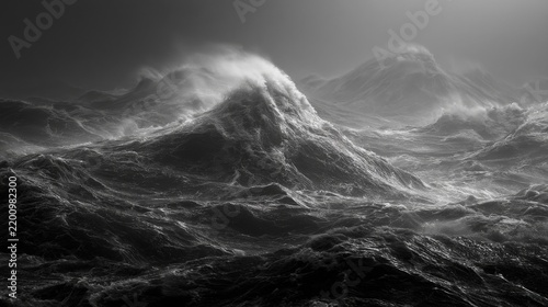 Dramatic Black and White Ocean Waves with High Seas and Powerful Wind Surging Through the Wild Waters in a Chaotic Seascape