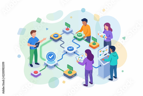 Business Team Collaborating on Complex Workflow Process Diagram