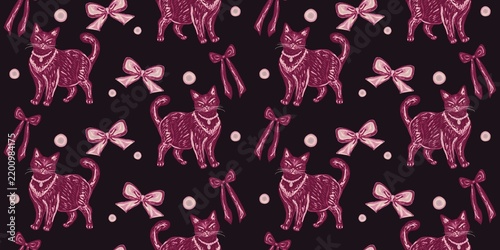 Dark Gothic Cat Seamless Pattern with Pink Bows and Pearls