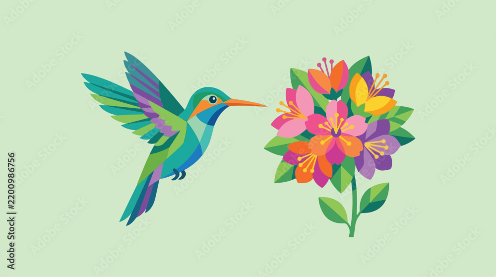 Fototapeta premium A vibrant colored hummingbird approaches a blooming cluster of tropical flora in a tranquil scene showcasing wildlife harmony and natural beauty for creative design projects across the globe