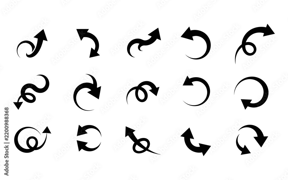 Obraz premium Set of black curved arrows and hand drawn swirl pointers isolated on a white background design