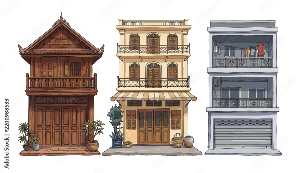 Obraz premium Exquisite 2D Architectural Illustration featuring a trio of traditional and modern urban residential facades with unique style