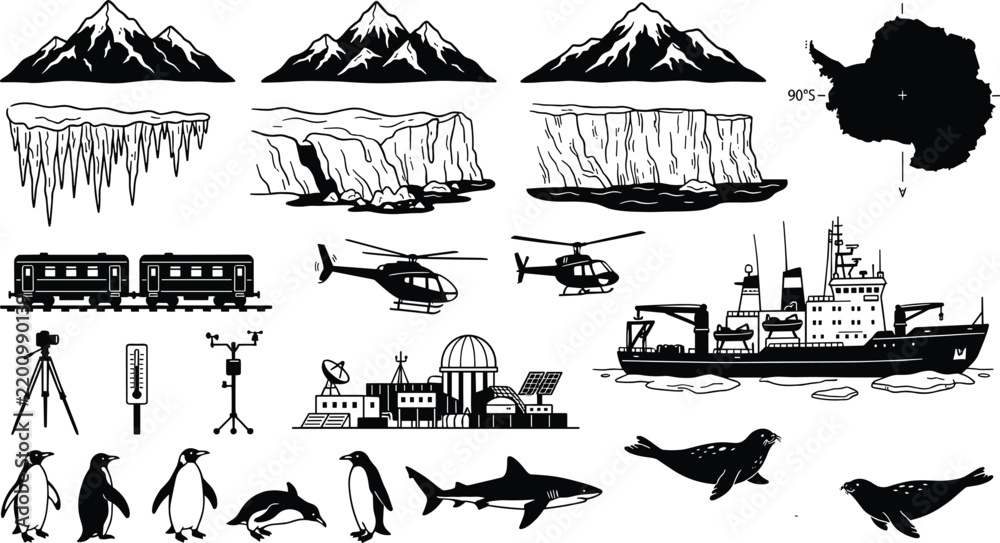Fototapeta premium Antarctica Expedition Vector Icon Set Featuring Polar Landscape Elements Penguins Seals Research Station Icebergs and Scientific Exploration Equipment for Travel Designs