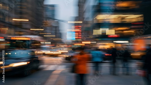 A blurry motion capture of a bustling city street at dusk with traffic lights, vehicles, and pedestrian silhouettes