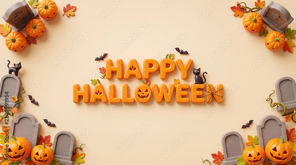 Fototapeta premium Happy Halloween lettering surrounded by carved pumpkins black cats and small gray gravestones on beige surface
