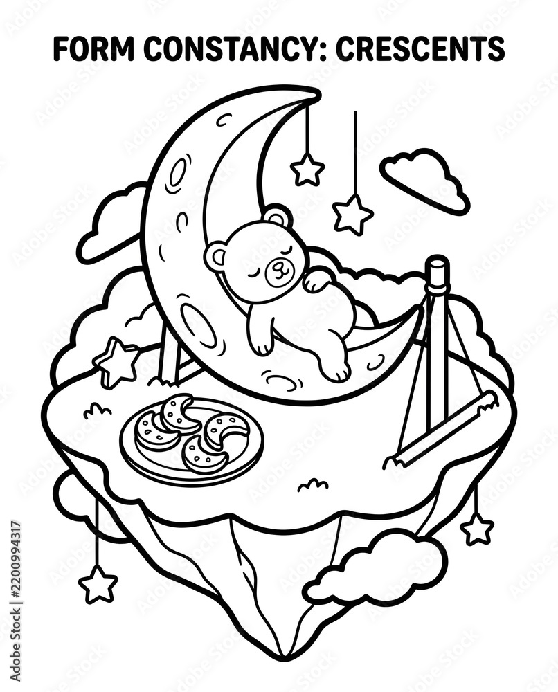 Obraz premium Shape Recognition and Spatial Awareness for Children Whimsical Bear on Crescent Moon in Floating Island Isometric Form Constancy Learning Activity Kids Visual Perception Coloring Worksheet