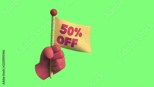 Hand holding a promotional flag that reads 50 percent off.