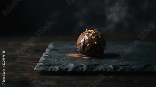 Dark chocolate truffle with gold leaf on slate