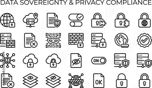 Detailed vector graphic illustration featuring various data sovereignty and privacy compliance line icons set for professional cybersecurity digital interface designs