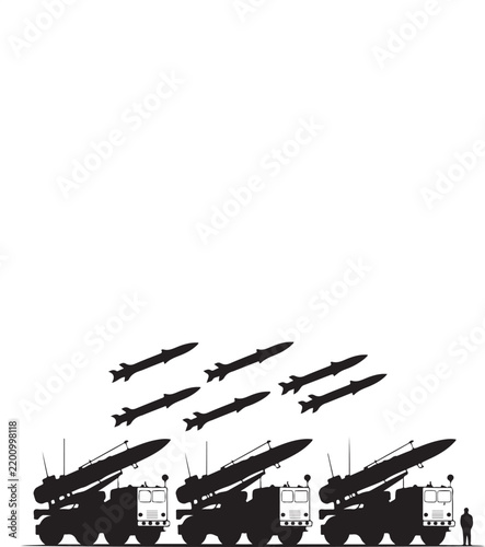 Military scene with three mobile missile launchers and six flying missiles, black silhouette isolated on a white background