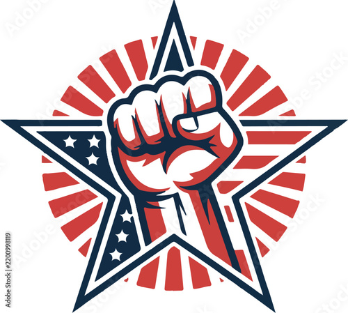 Patriotic featuring a raised fist inside a star shape with red and white stripes and blue accents on a white background, for activism