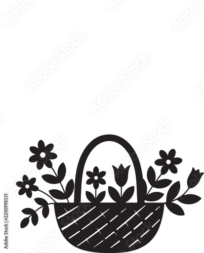 Simple black silhouette of a woven basket filled with various spring flowers and tulips isolated on a clean white background, for simple