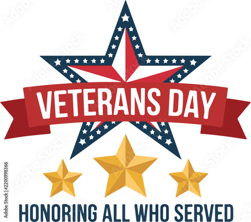 Veterans day emblem with a large star, red ribbon banner, and three gold stars, honoring all who served, patriotic