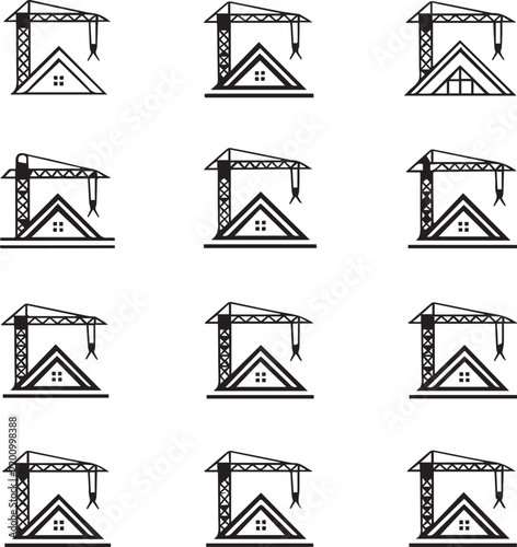 Twelve identical of a construction crane lifting a house roof, black and white linear building site concept