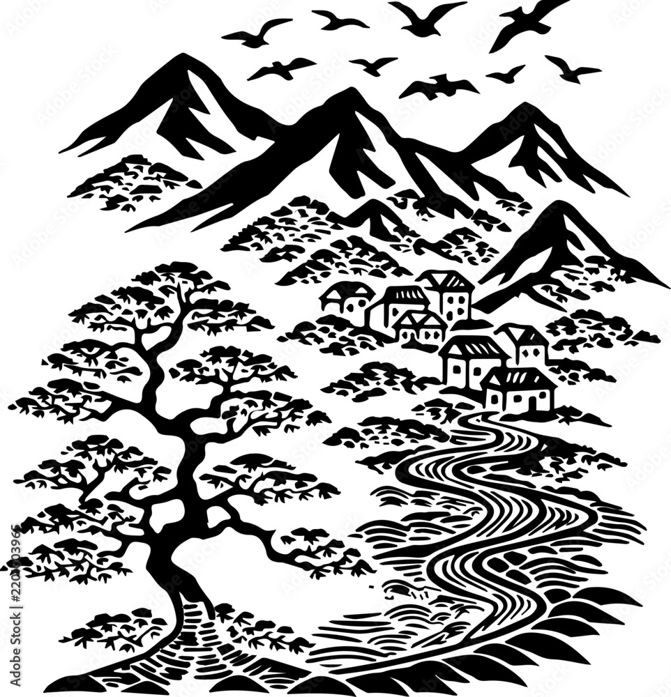 Fototapeta premium Japanese woodblock tattoo design featuring a bonsai, created as a clean vector SVG. Serene Black and White Mountain Landscape with Houses and Trees