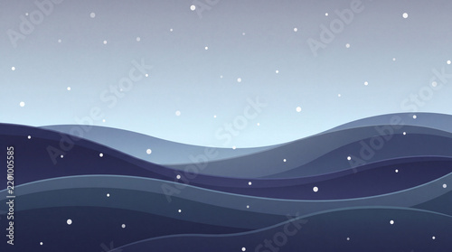 A minimalist digital illustration featuring smooth, layered blue waves representing snowy hills or landscape during a soft snowfall, perfect for winter backgrounds.