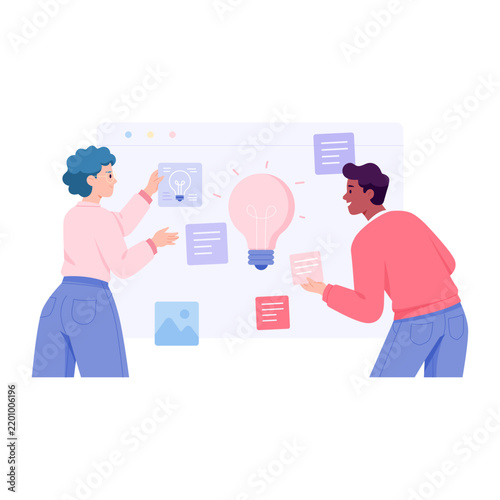 Three coworkers brainstorm around a digital board with notes and a light bulb, sharing creative ideas during a collaborative team session today.