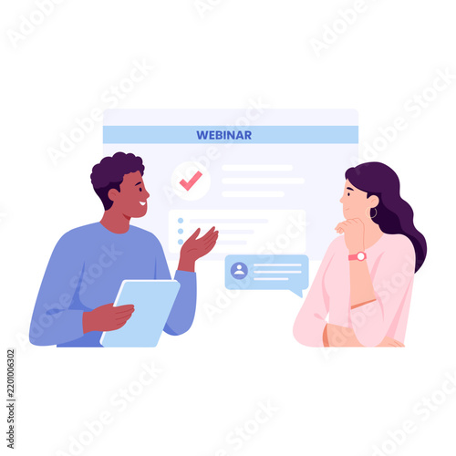 Two professionals discuss questions beside a webinar interface, representing online consultation, expert guidance, and digital communication.