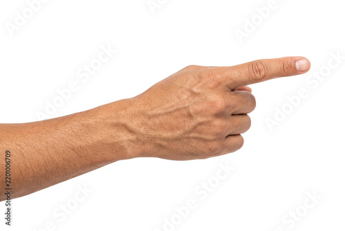 Male hand pointing index finger toward the right side
