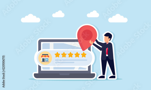 Businessman Holding Location Pin Marker Near Laptop And Five Star Rated Shop Label Illustration Of Strategic Business Location Setting