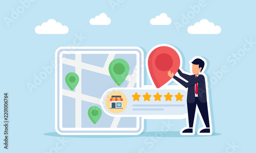 Businessman Holding Location Pin Marker Near Map And Five Star Rated Shop Label Illustration Of Business Location Setting