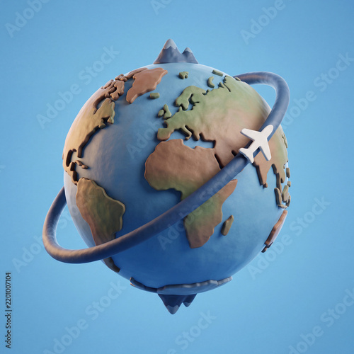 A charming 3D rendered illustration of a clay-style Earth globe with a small white airplane flying in a circular orbit around it against a blue background.