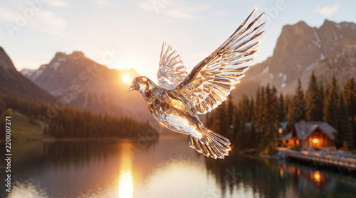 A beautiful 3D rendered crystal dove soaring over a peaceful lake, surrounded by mountains and pine trees, glowing with the warm golden light of the sunset.