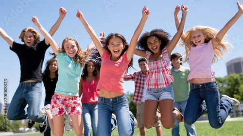 A group of happy teenagers leaping in the air outdoors.