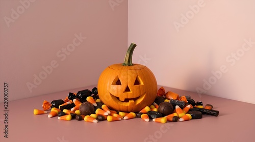 Carved Halloween pumpkin surrounded by candy corn and chocolates on pink background.